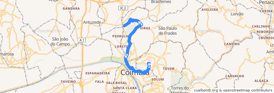 Mapa del recorrido 36F: Hospitais UC => Ponte de Eiras de la línea  en Coimbra.