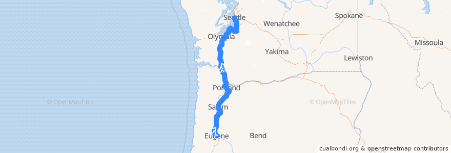 Mapa del recorrido Amtrak Cascades: Eugene => Seattle de la línea  en الولايات المتّحدة الأمريكيّة.