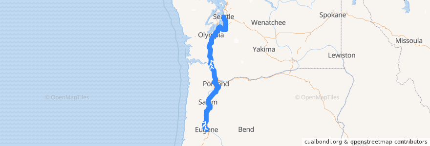 Mapa del recorrido Amtrak Cascades: Eugene => Seattle de la línea  en 미국.