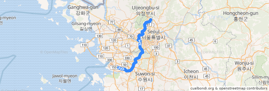 Mapa del recorrido 서울 지하철 4호선: 안산 → 당고개 de la línea  en Coreia do Sul.