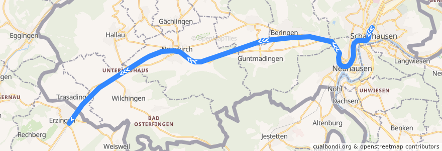 Mapa del recorrido S: Schaffhausen => Erzingen (Baden) de la línea  en Schaffhausen.