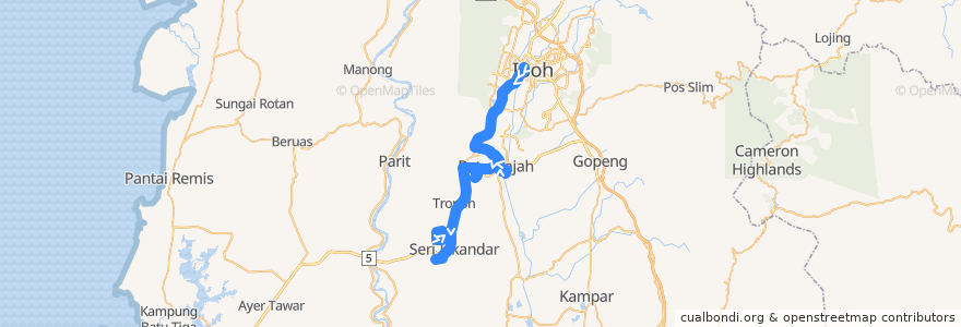 Mapa del recorrido T36 Stesen Bas Medan Kidd – Batu Gajah - Seri Iskandar (outbound) de la línea  en Perak.