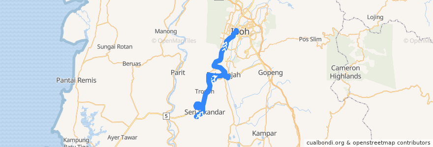Mapa del recorrido T36 Seri Iskandar – Batu Gajah - Stesen Bas Medan Kidd (inbound) de la línea  en 霹雳州.