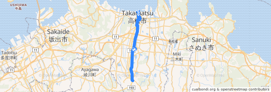 Mapa del recorrido 高松駅 => 仏生山・岩崎 de la línea  en Takamatsu.