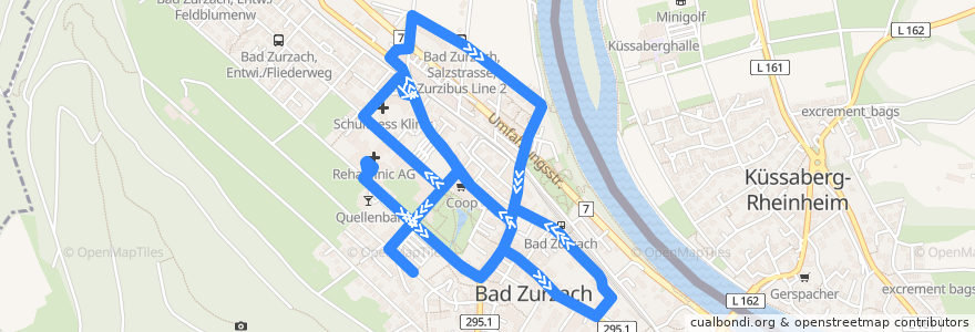 Mapa del recorrido Bus ZB2: Bad Zurzach, Bahnhof => Salzstrasse => Bahnhof de la línea  en Zurzach.