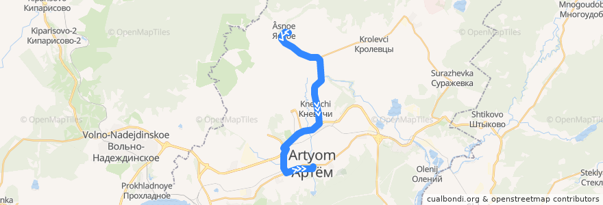 Mapa del recorrido Автобус 18: Ясное - Артём-Центр de la línea  en Artyom City District.