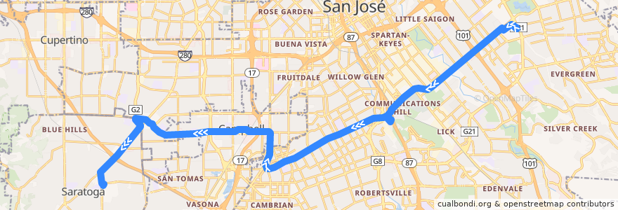 Mapa del recorrido VTA 26: Eastridge Transit Center => West Valley College de la línea  en 圣克莱拉县.