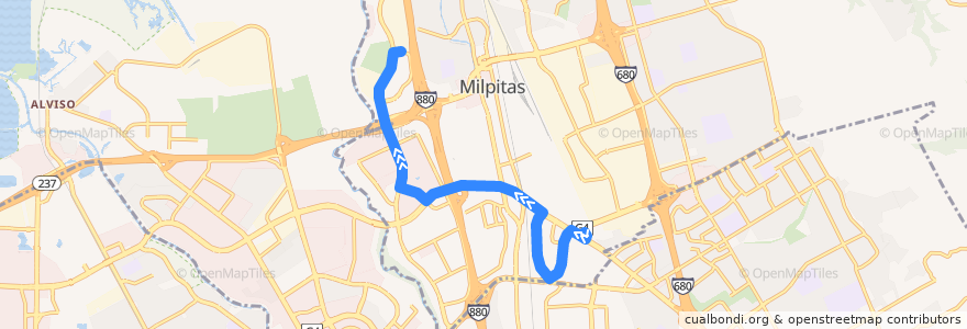 Mapa del recorrido VTA 44: Milpitas BART => McCarthy Ranch de la línea  en Milpitas.