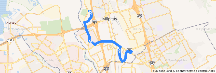 Mapa del recorrido VTA 44: McCarthy Ranch => Milpitas BART de la línea  en Milpitas.
