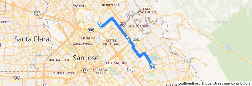 Mapa del recorrido VTA 70: Berryessa BART => Eastridge Transit Center de la línea  en 聖荷西.