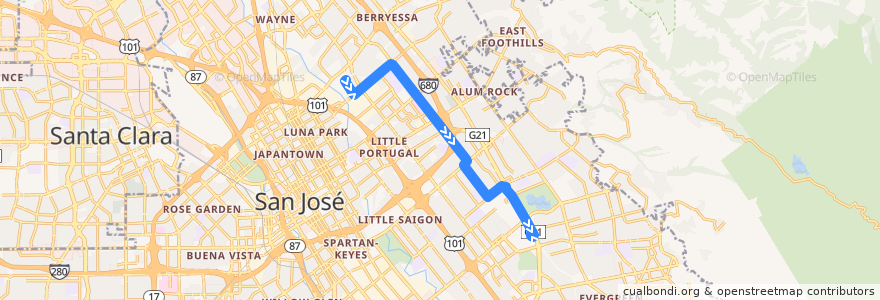 Mapa del recorrido VTA 70: Berryessa BART => Eastridge Transit Center de la línea  en San Jose.