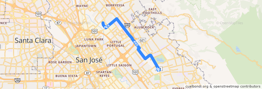 Mapa del recorrido VTA 70: Eastridge Transit Center => Berryessa BART de la línea  en San José.