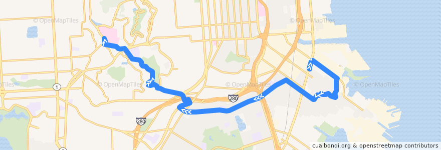 Mapa del recorrido Muni 44 inbound: Bayview => Forest Hill de la línea  en San Francisco.