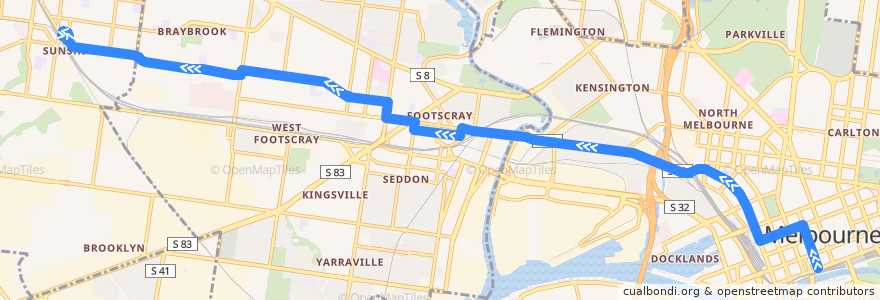 Mapa del recorrido Bus 216: City (Queen Street) => Dynon Road => Sunshine Station de la línea  en Melbourne.