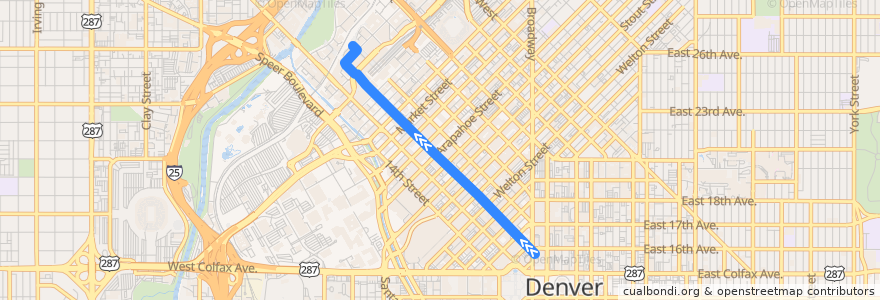 Mapa del recorrido Bus Free MallRide → Union Station Light Rail Plaza de la línea  en Denver.