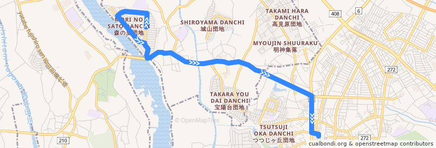 Mapa del recorrido 関東鉄道バス 森の里団地⇒牛久駅西口 de la línea  en Ibaraki Prefecture.