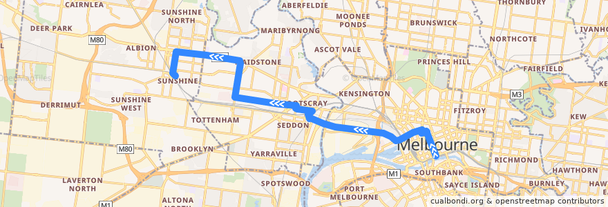 Mapa del recorrido Bus 220: City (Queen Street) => Footscray Road => Sunshine Station de la línea  en Melbourne.