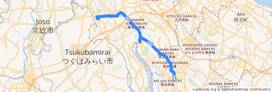 Mapa del recorrido 関東鉄道バス 牛久駅西口⇒桜ヶ丘団地・谷田部⇒みどりの駅 de la línea  en Tsukuba.