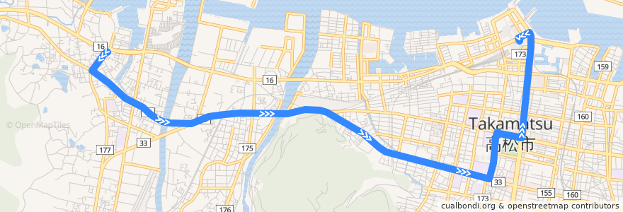 Mapa del recorrido 香西車庫前 => 宮脇町県庁・日赤前経由 => 高松駅 de la línea  en Takamatsu.