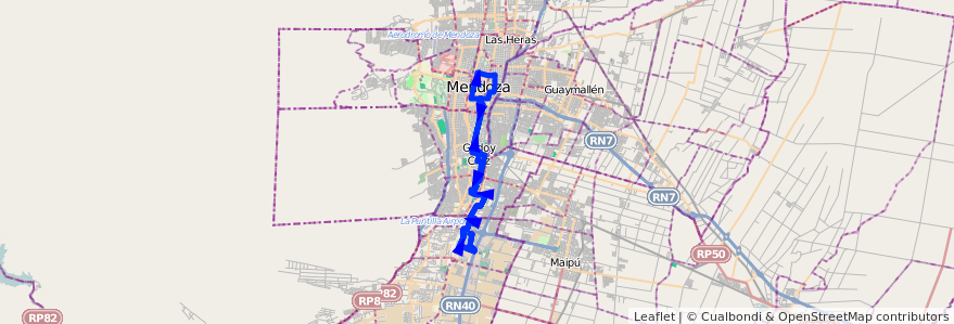 Mapa del recorrido 11 - Bº 21 de Julio - Morales - Figueroa Alcorta - Bº 21 de Julio - Casa de Gob. de la línea G01 en Mendoza.