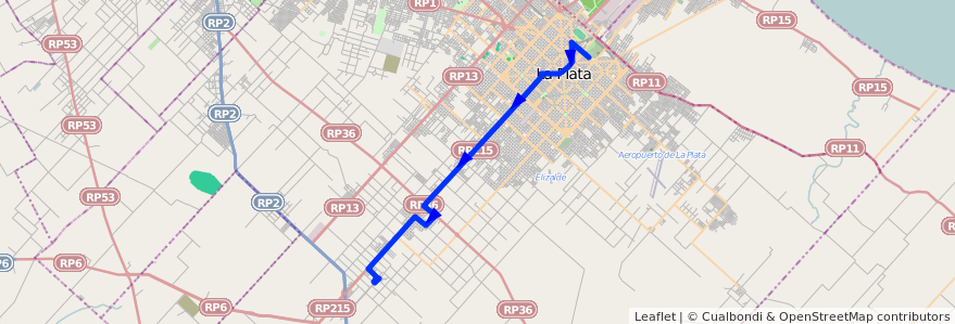 Mapa del recorrido 11 de la línea Oeste en Partido de La Plata.