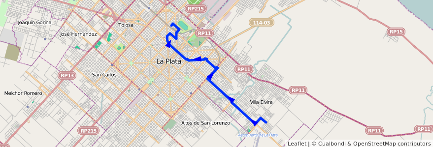 Mapa del recorrido 11 de la línea Este en Partido de La Plata.