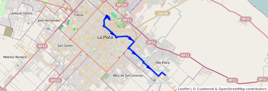 Mapa del recorrido 11 de la línea Este en Partido de La Plata.