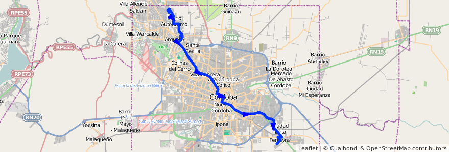 Mapa del recorrido 11 de la línea N (Naranja) en Córdoba.