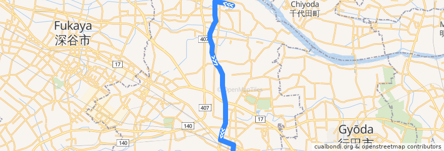 Mapa del recorrido 朝日バスKM65系統 妻沼⇒上根（旧道経由）⇒熊谷駅 de la línea  en 熊谷市.