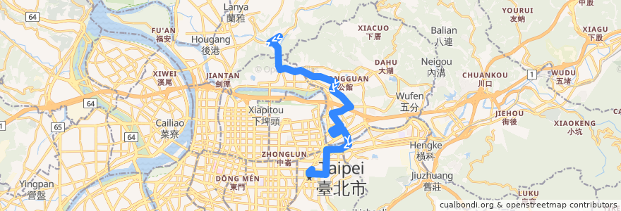 Mapa del recorrido 臺北市 藍7副 故宮博物院->捷運市政府站 de la línea  en 臺北市.