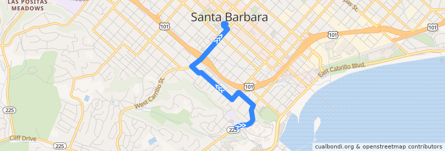 Mapa del recorrido Lower Westside/SBCC de la línea  en Santa Barbara.