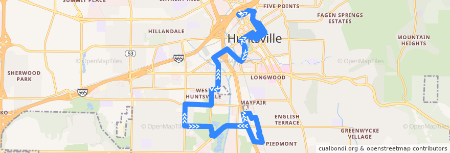 Mapa del recorrido Bus 1 de la línea  en Huntsville.