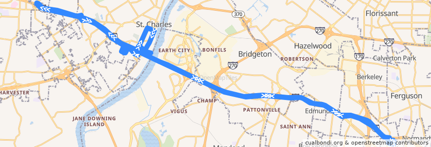 Mapa del recorrido SCAT: SSM Health St. Joseph Hospital --> Cave Springs Commuter Lot --> MetroLink North Hanley Station de la línea  en Missouri.