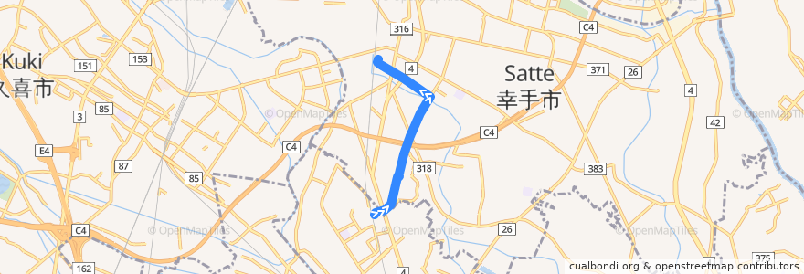 Mapa del recorrido 朝日バスST01系統 杉戸高野台駅⇒幸手駅 de la línea  en Saitama Prefecture.