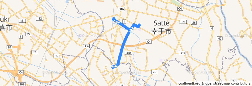 Mapa del recorrido 朝日バスST02系統 杉戸高野台駅⇒日本保健医療大学幸手北キャンパス⇒幸手駅 de la línea  en 幸手市.