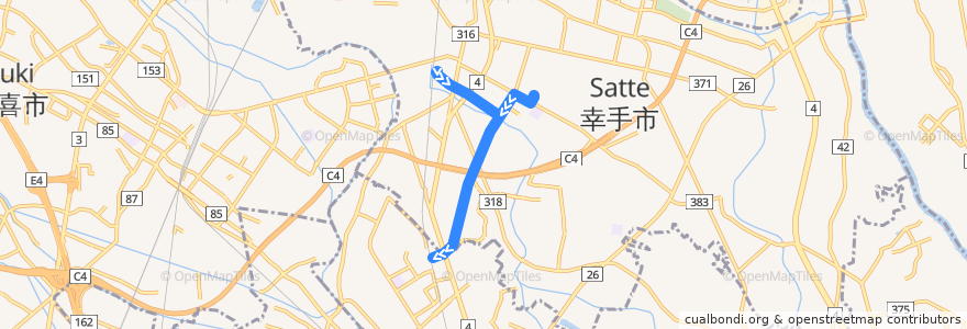 Mapa del recorrido 朝日バスST02系統 幸手駅⇒日本保健医療大学幸手北キャンパス⇒杉戸高野台駅 de la línea  en 幸手市.