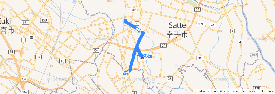 Mapa del recorrido 朝日バスST03系統 杉戸高野台駅⇒日本保健医療大学幸手南キャンパス⇒幸手駅 de la línea  en 幸手市.