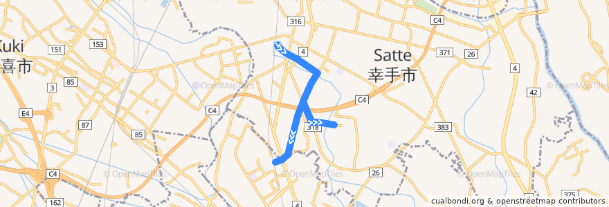 Mapa del recorrido 朝日バスST03系統 幸手駅⇒日本保健医療大学幸手南キャンパス⇒杉戸高野台駅 de la línea  en Satte.