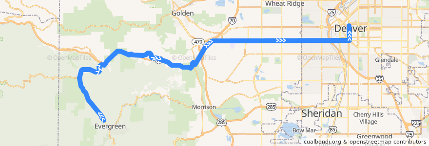 Mapa del recorrido Bus EV Evergreen/Denver → Civic Center Station de la línea  en Jefferson County.