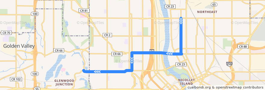 Mapa del recorrido Metro Transit 32E (eastbound) de la línea  en Minneapolis.