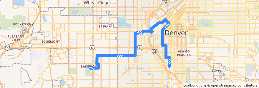 Mapa del recorrido Bus 1: 1st Avenue → Alameda Station de la línea  en Колорадо.