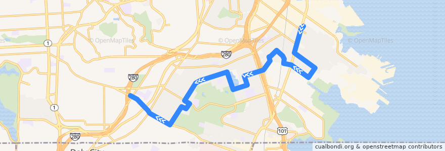 Mapa del recorrido Muni 54 outbound: Bayview => Balboa Park de la línea  en 샌프란시스코.