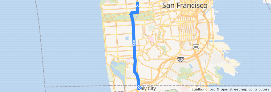 Mapa del recorrido Muni 28 inbound: Daly City => Park Presidio & Geary de la línea  en San Francisco.