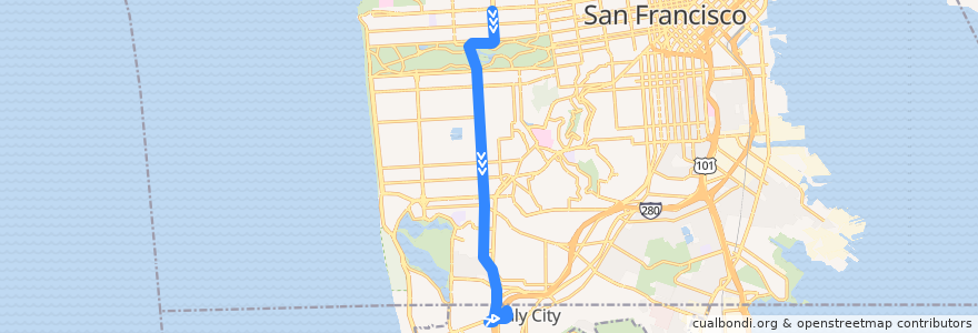Mapa del recorrido Muni 28 outbound: Park Presidio & Geary => Daly City de la línea  en 샌프란시스코.