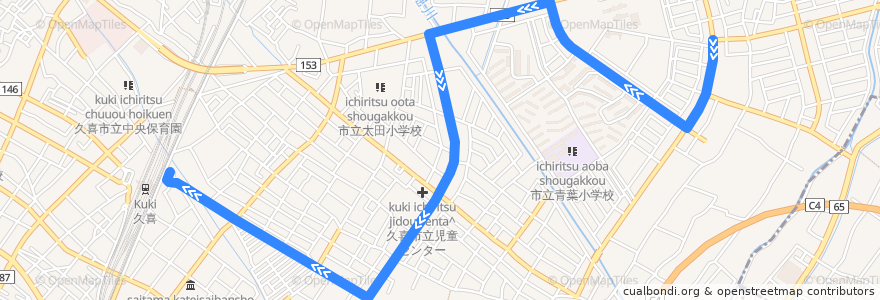 Mapa del recorrido 朝日バスKU12系統 朝日バス車庫⇒青葉団地中央⇒久喜駅東口 de la línea  en 久喜市.