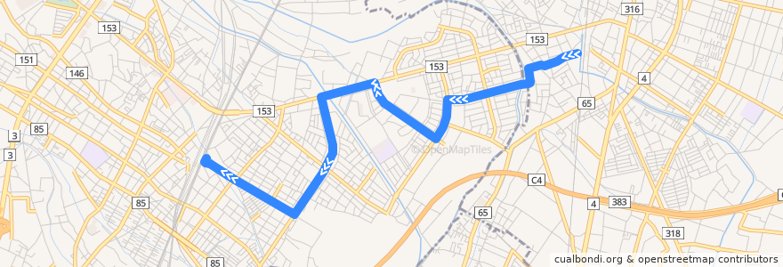 Mapa del recorrido 朝日バスKU16系統 幸手駅西口⇒青葉団地中央⇒久喜駅東口 de la línea  en 久喜市.