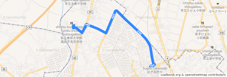 Mapa del recorrido 朝日バスSU11系統 杉戸高野台駅西口⇒昌平高校 de la línea  en 杉戸町.