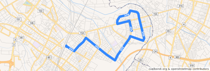 Mapa del recorrido 朝日バスKU23系統 朝日バス車庫⇒青毛・栗原・吉羽⇒久喜駅東口 de la línea  en 久喜市.