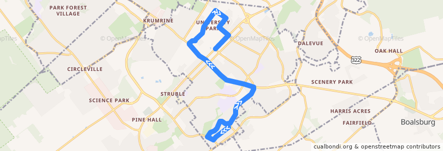 Mapa del recorrido Bus R: Waupelani Drive -> Campus and Downtown de la línea  en Centre County.