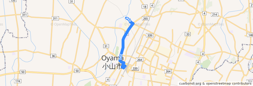 Mapa del recorrido 小山市おーバスハーヴェストウォーク線 小山温泉思川・ハーヴェストウォーク⇒小山駅西口 de la línea  en 小山市.